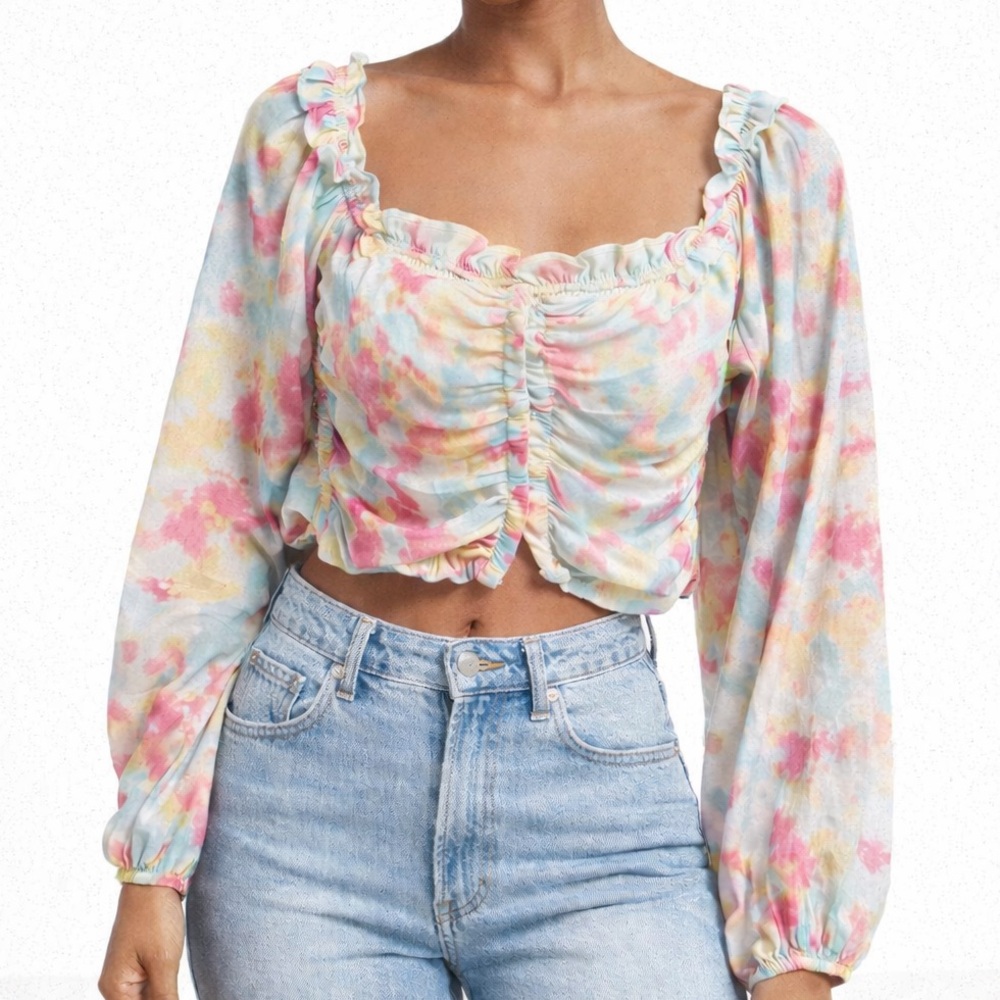 PRIVY Pastel Tie-Dye Smocked Puff Sleeve Crop Top